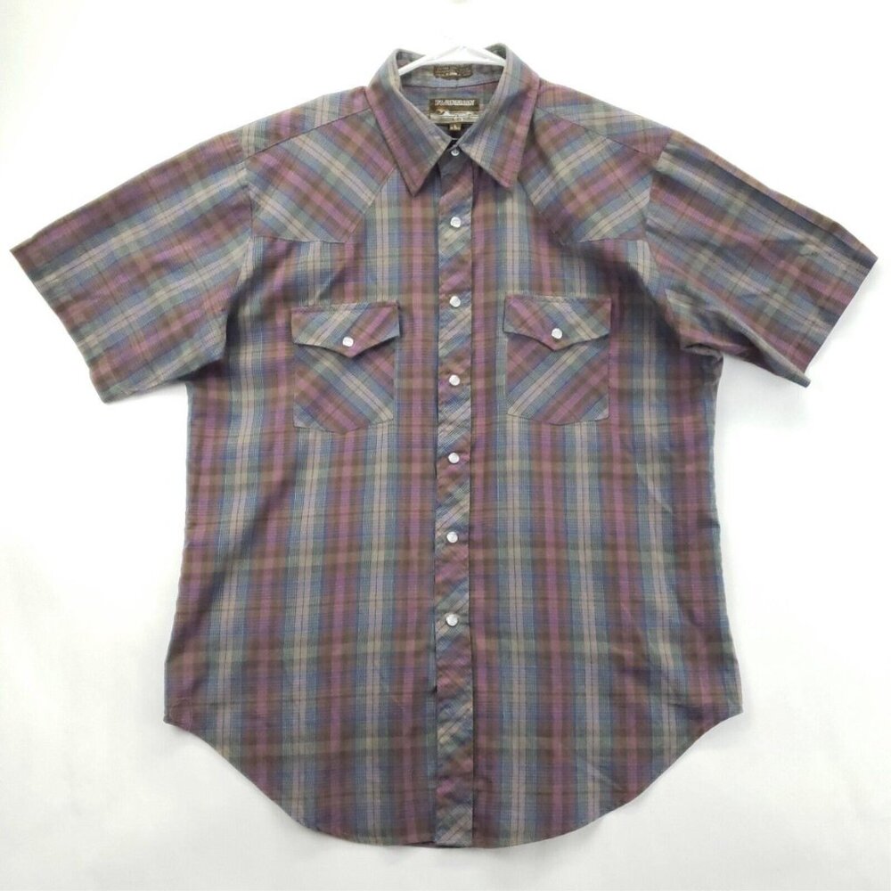 Plainsman Western Shirt Mens Large Purple Blue Plaid Short Sleeve Pearl Snap